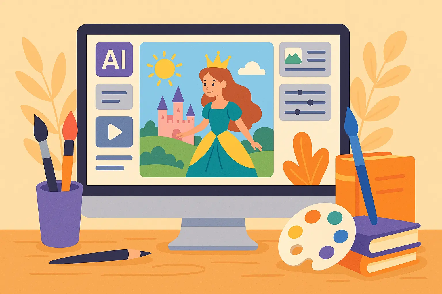 Happy child reading princess story with magical elements