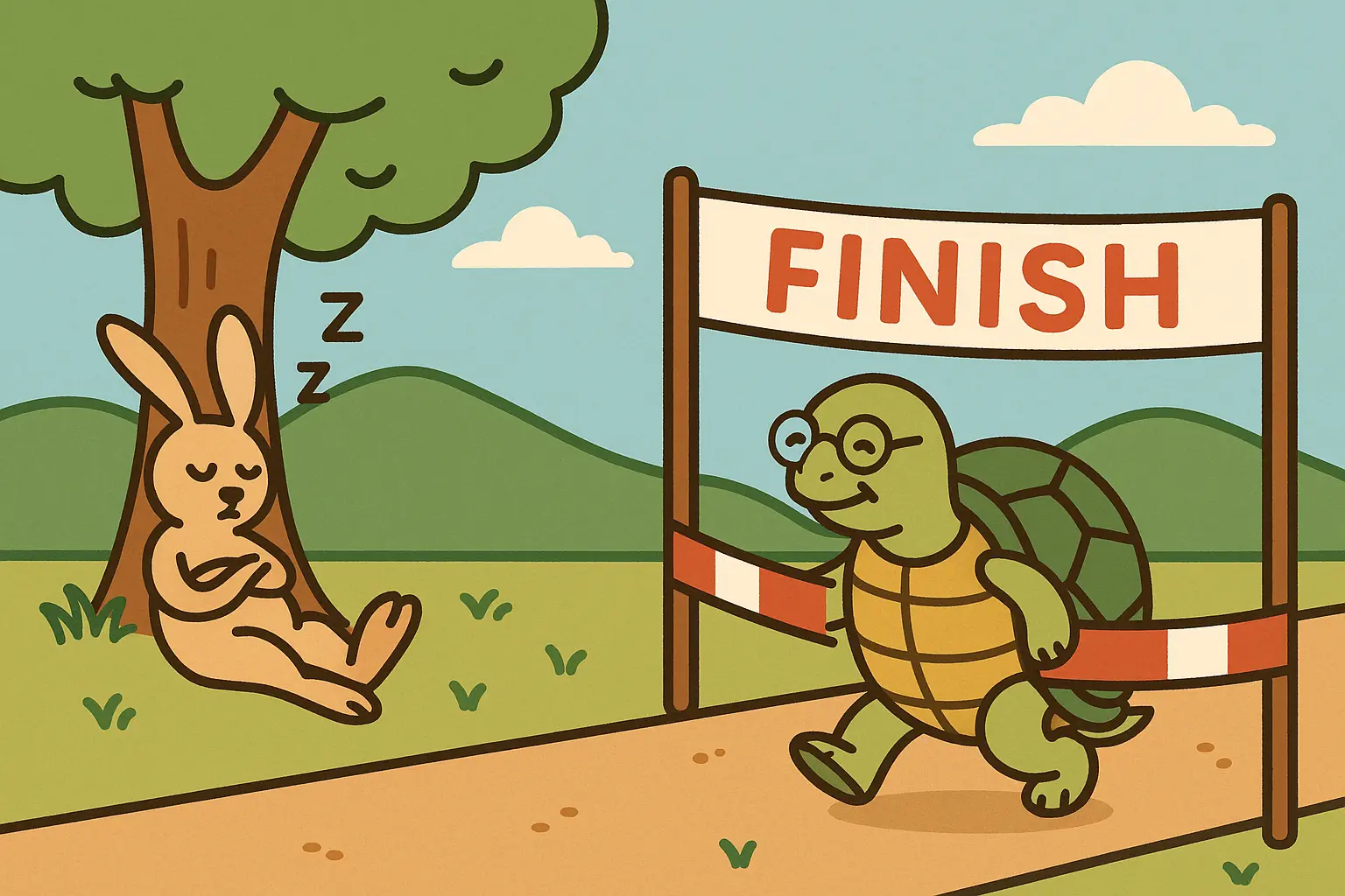Tortoise and hare racing scene illustration