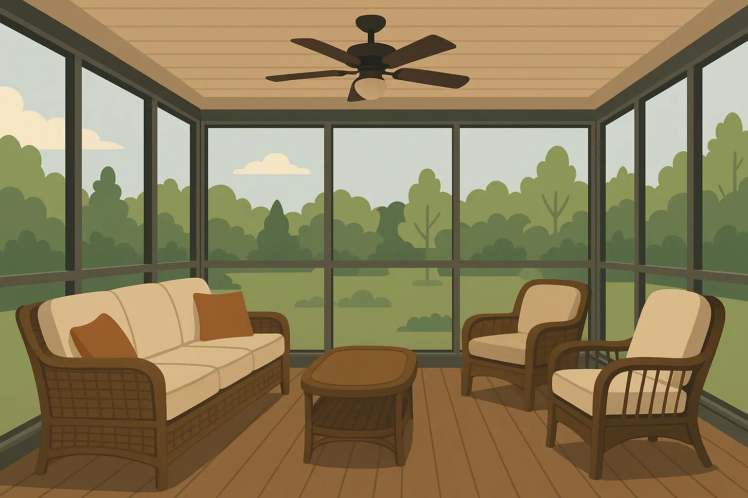 Traditional screen porch with comfortable seating and ceiling fans