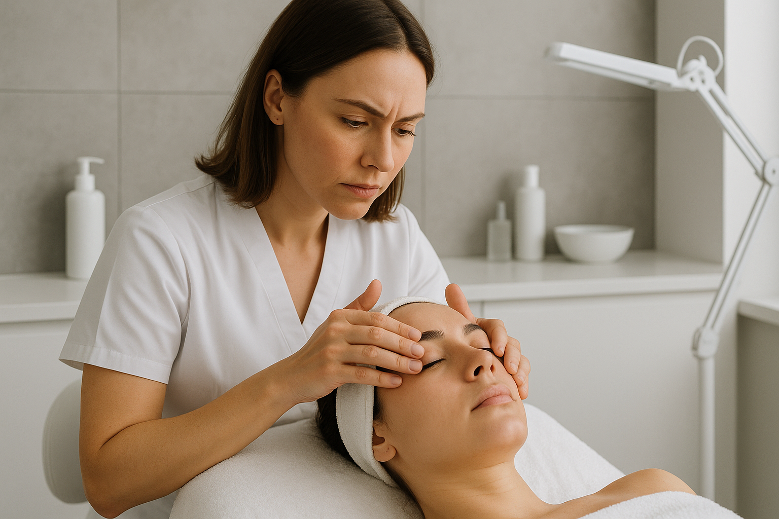 Facialist performing skin analysis