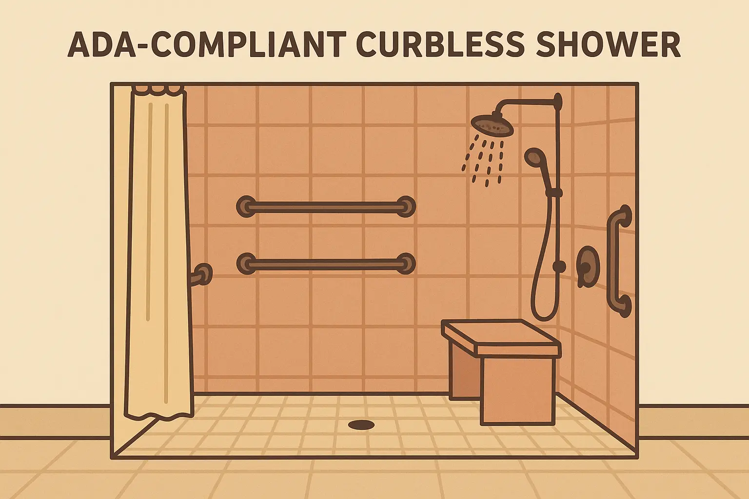 ADA-compliant curbless shower with grab bars and accessible features