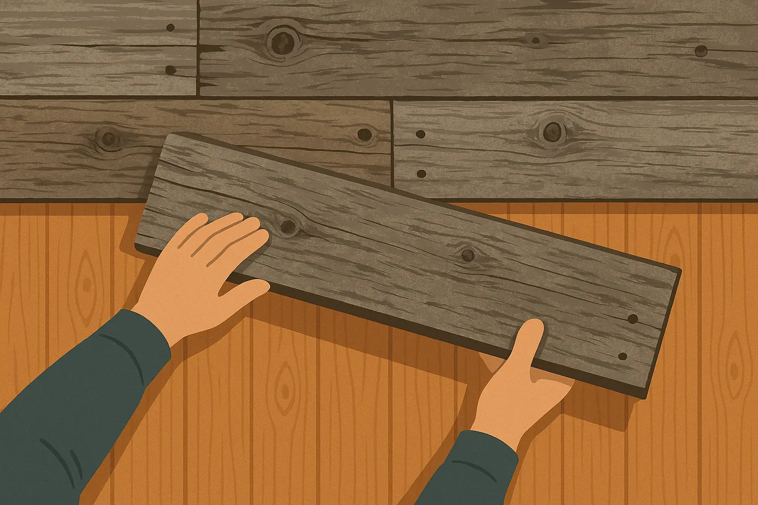 Reclaimed barn wood overlay installation over existing wood paneling