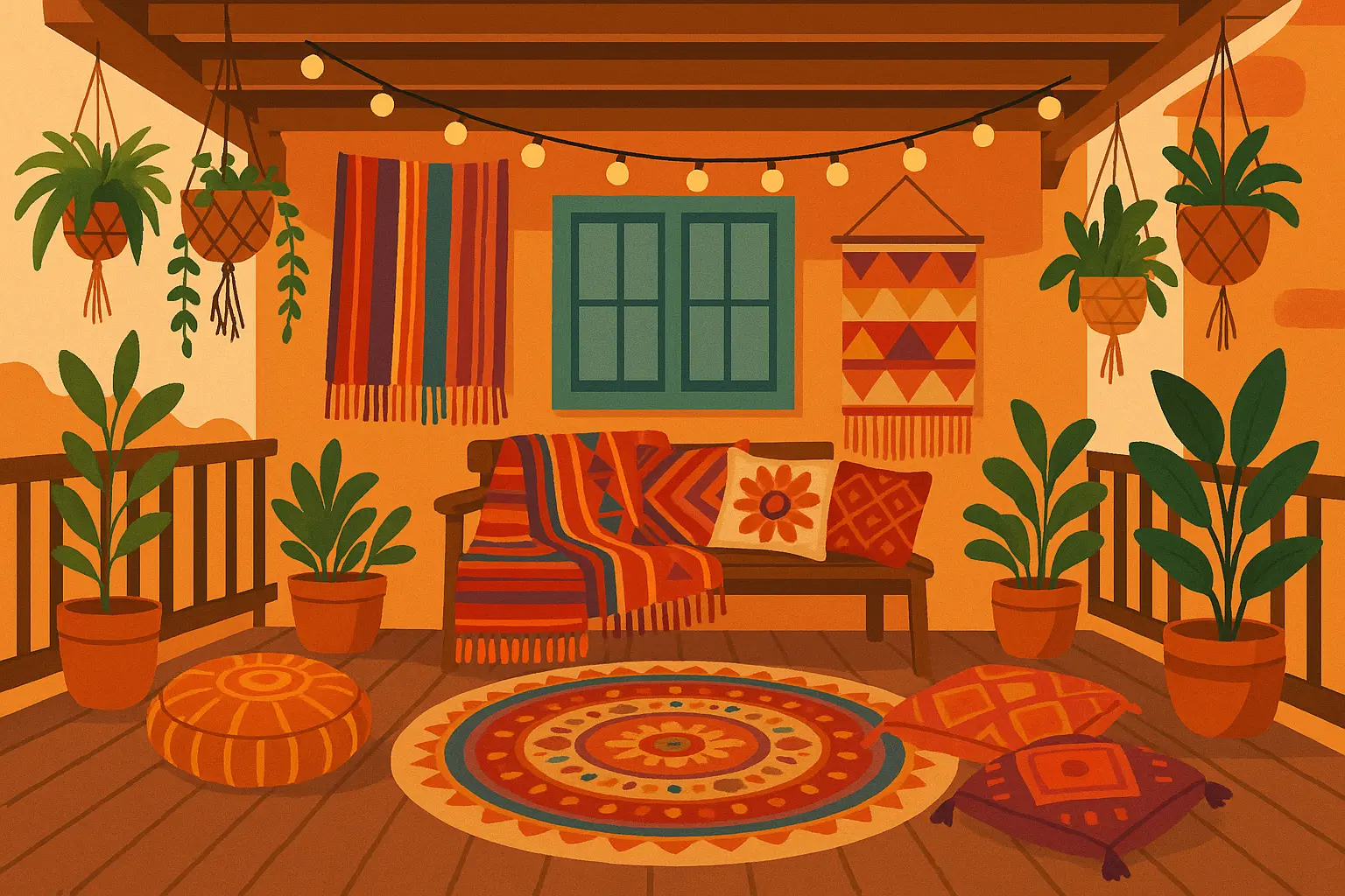 Bohemian back porch with colorful textiles and plants