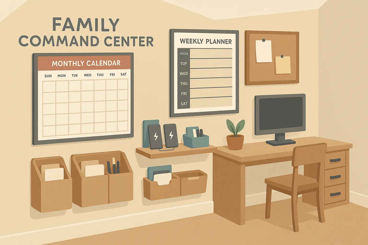 Family command center setup in bonus room with organization systems