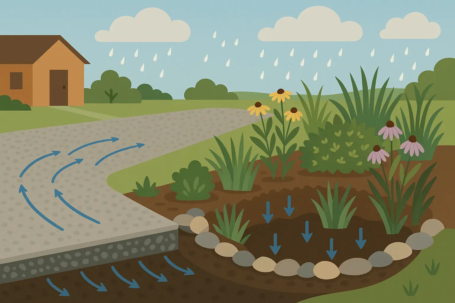 Eco-friendly gravel driveway with rain garden