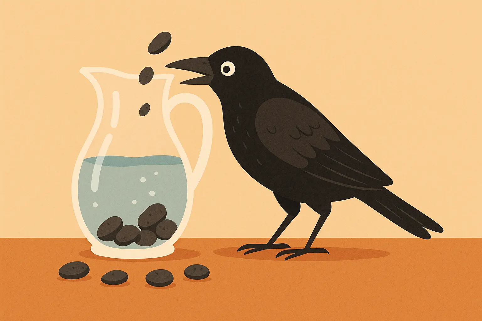 Wise crow solving problem with pebbles and water pitcher