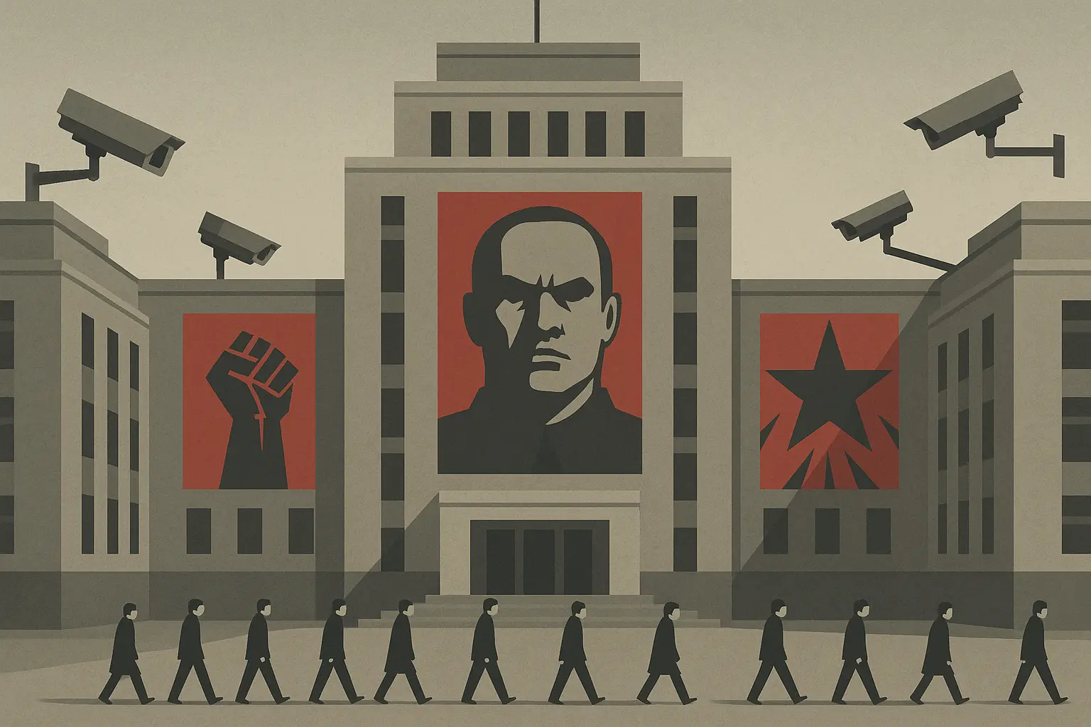 Authoritarian government building with propaganda posters