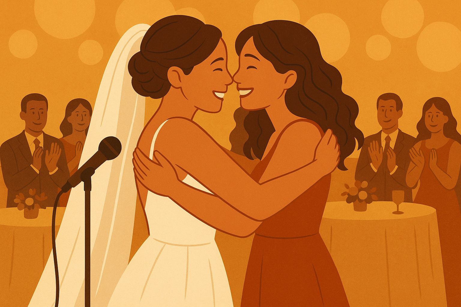 Happy bride hugging maid of honor after emotional speech