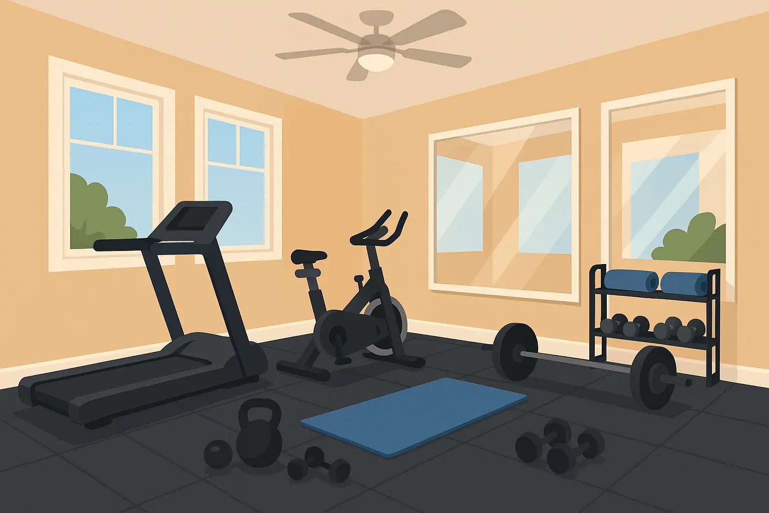 Modern home gym setup in bonus room with equipment and mirrors