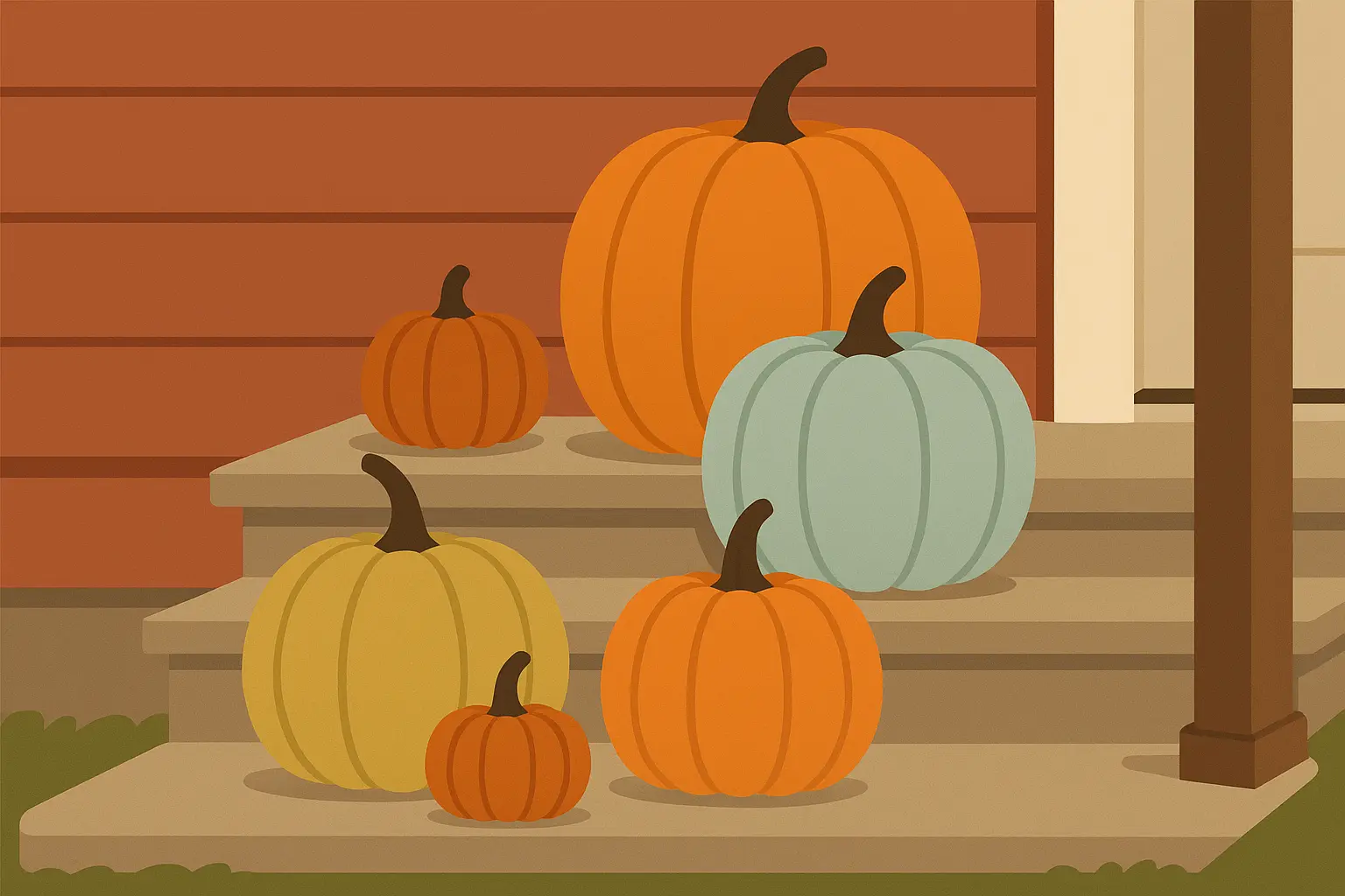 Layered pumpkin arrangement with multiple sizes and colors on small front porch
