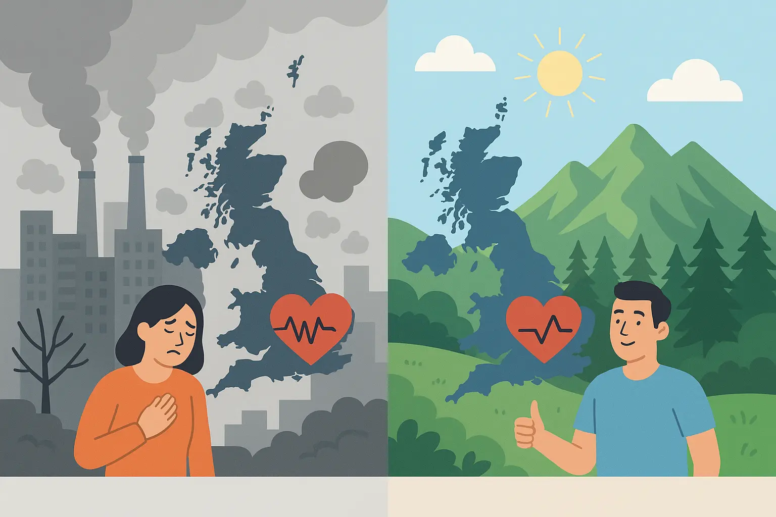 Split image showing London smog versus Scottish Highland clean air