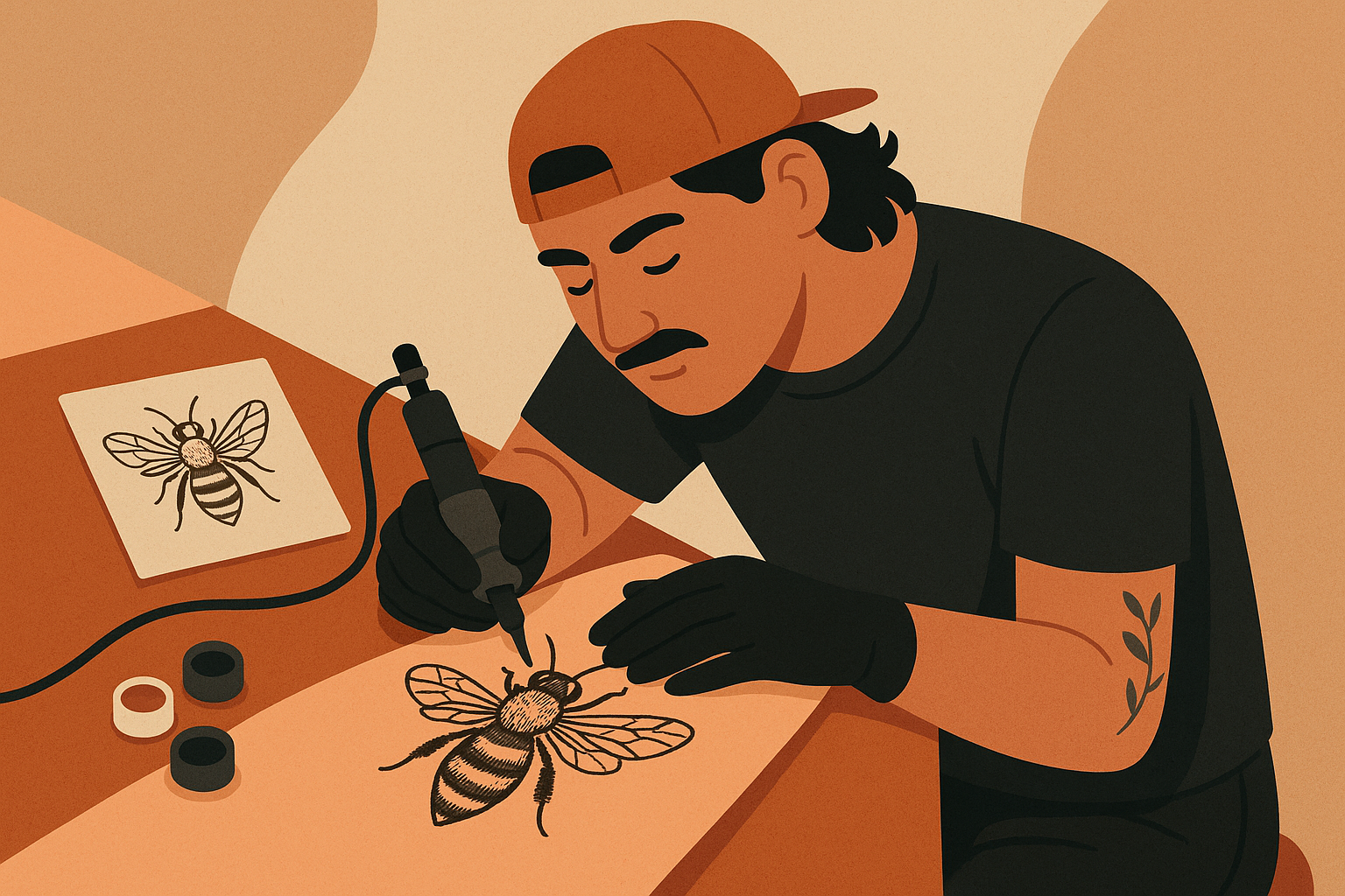 Custom bee tattoo design process showing personalization options