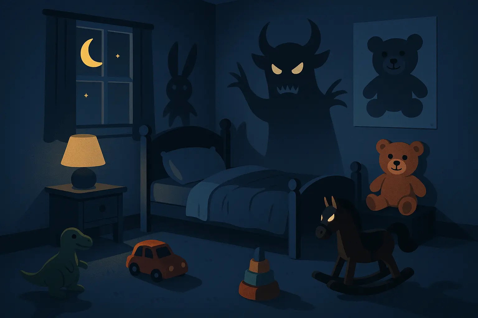 Child's bedroom with eerie shadows and toys