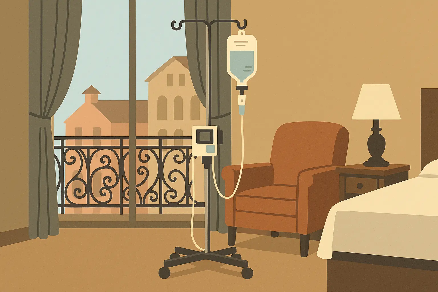 Mobile IV therapy setup in New Orleans hotel room