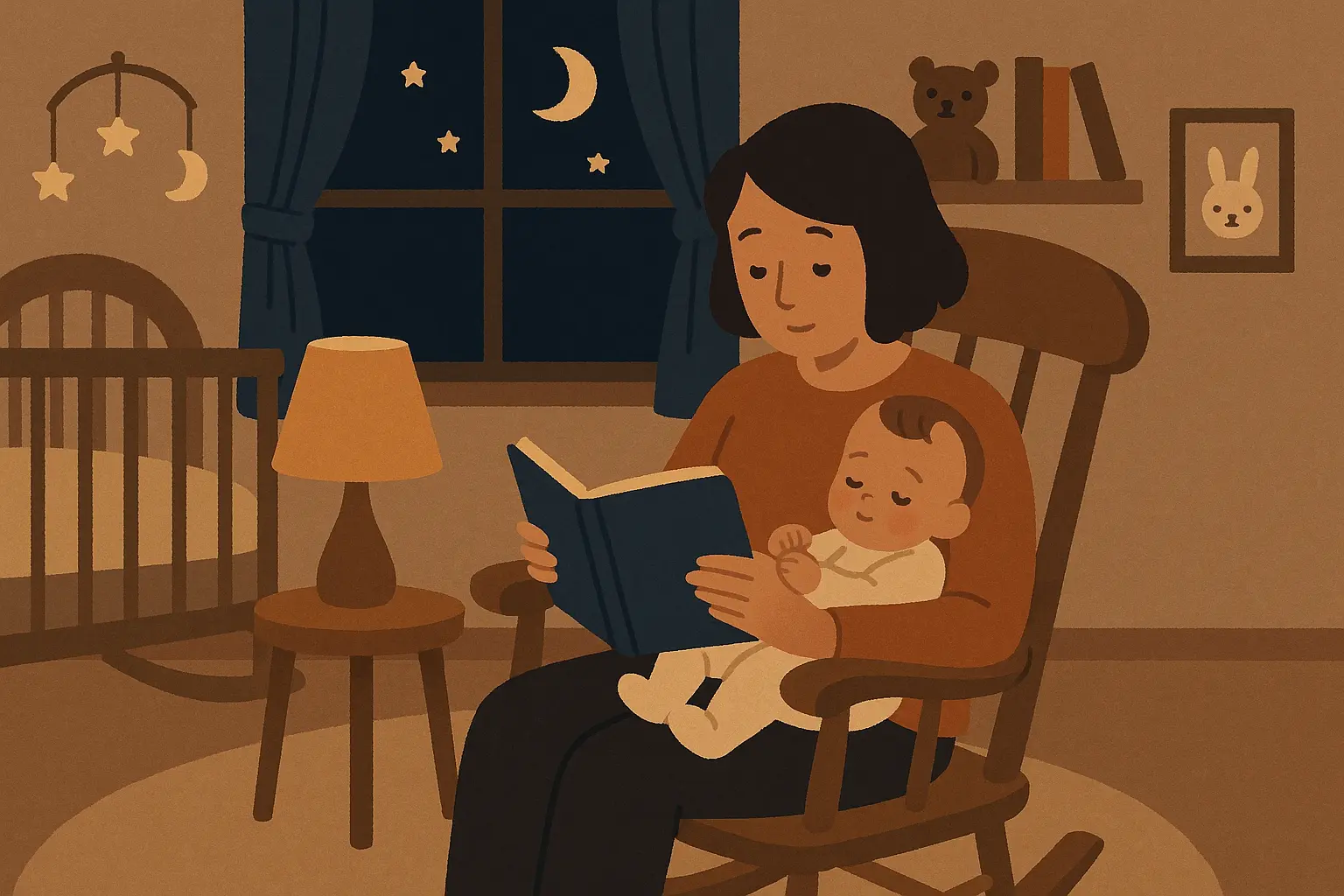 Parent reading bedtime stories to baby in nursery