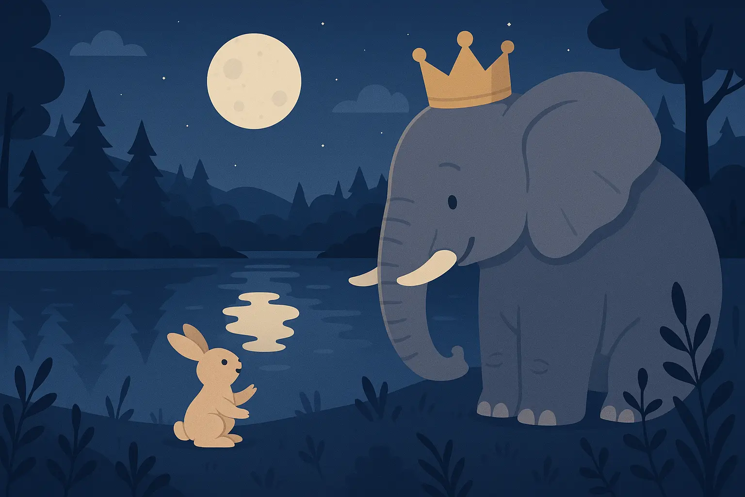 The clever rabbit uses wisdom and strategy to resolve conflict with the elephant king