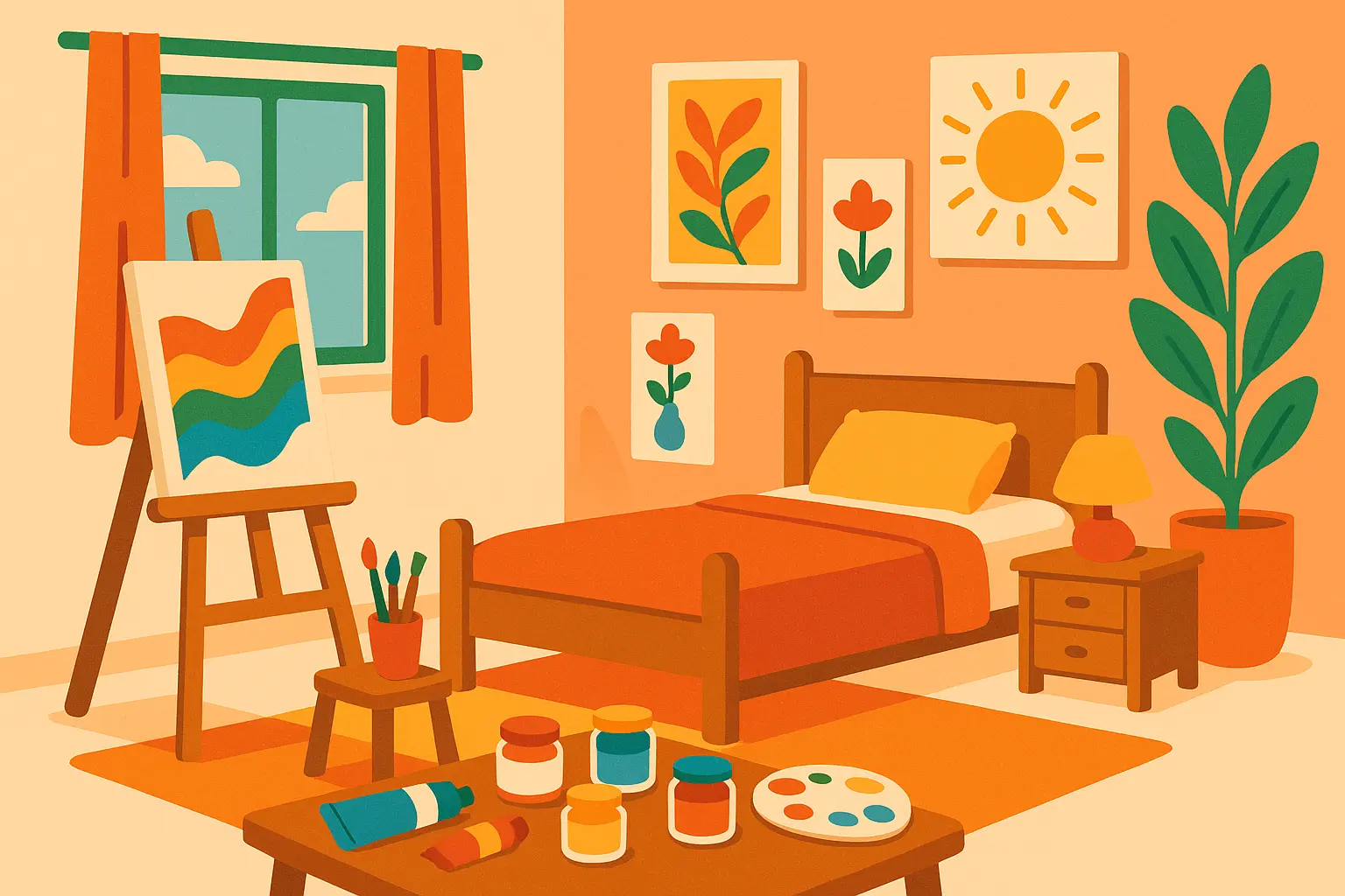 Creative art studio boy's bedroom with organized supplies