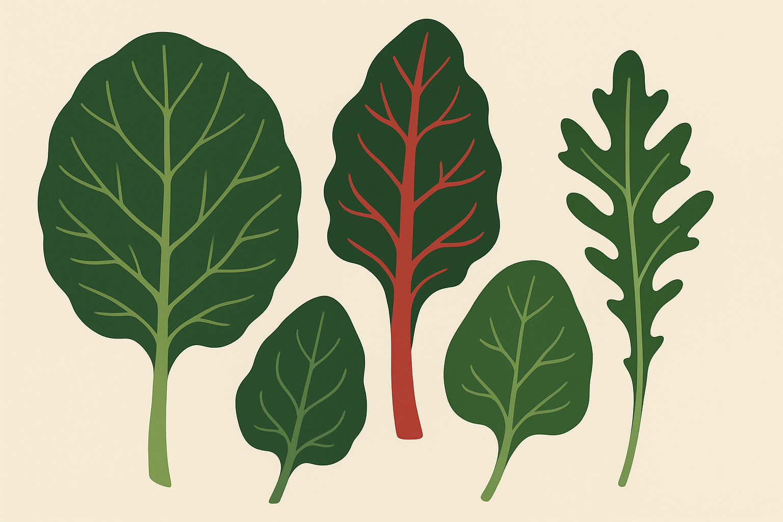 Fresh Swiss chard and leafy greens arranged on cutting board