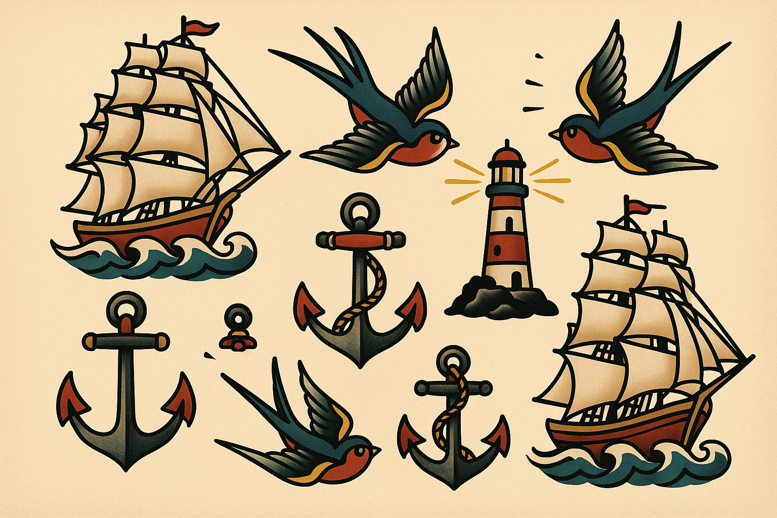 Maritime nautical traditional tattoo flash designs collection
