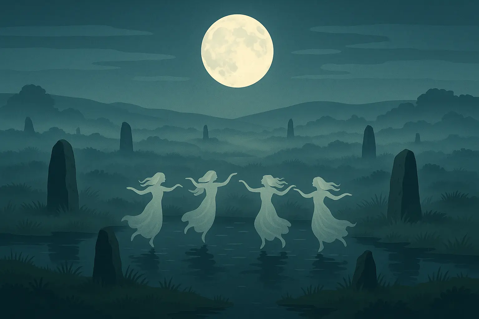 Ancient Irish bog under moonlight with mysterious creatures