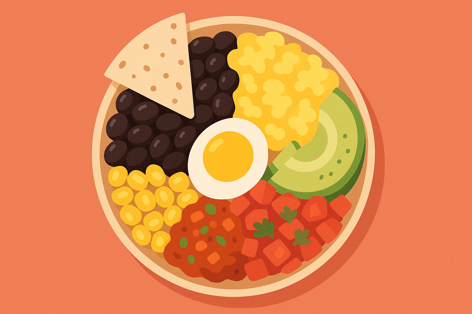 Black bean breakfast burrito bowl with eggs and vegetables