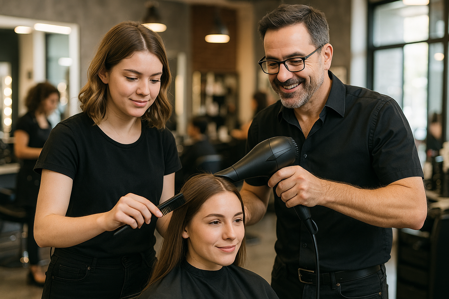 Hair stylist building skills with mentor