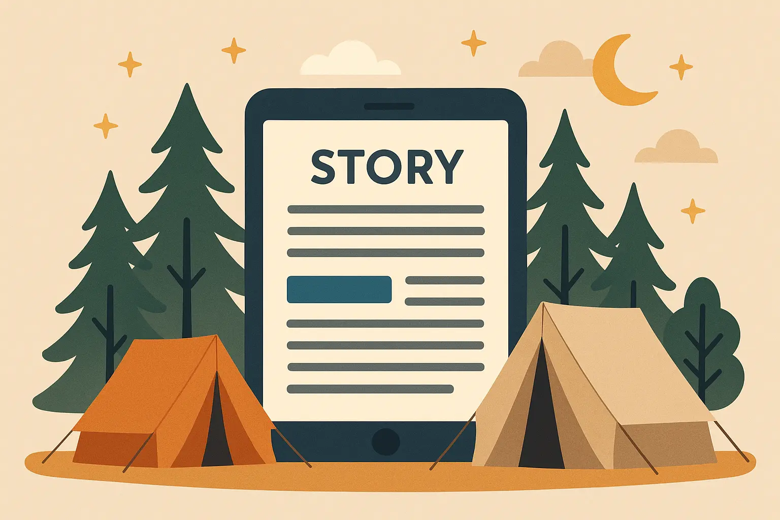 Peaceful campfire scene with tents in background