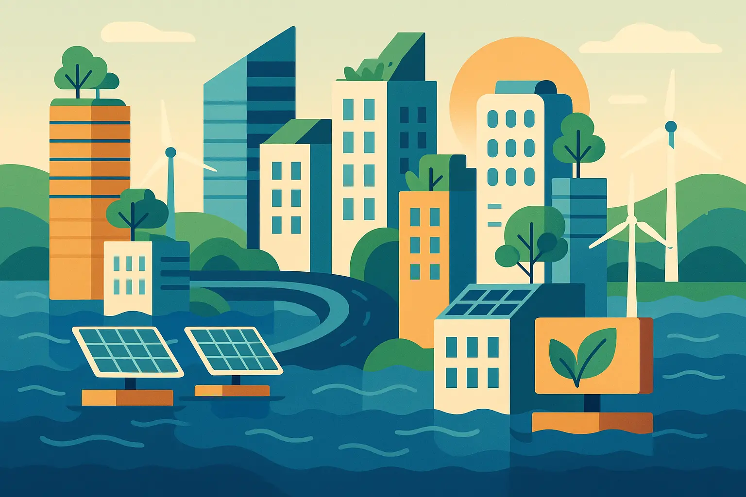 Futuristic city with climate adaptation technology