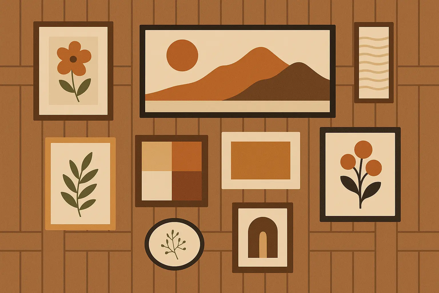 Gallery wall integration using wood paneling as backdrop for art collection