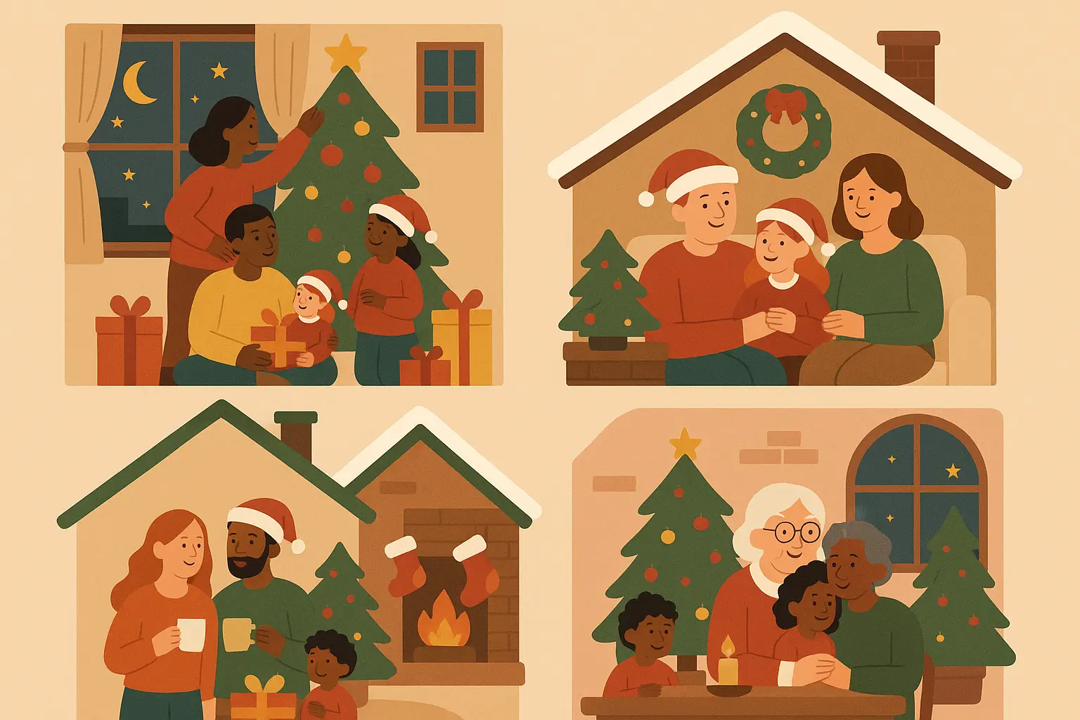 Diverse families celebrating Christmas in modern settings with inclusive holiday traditions