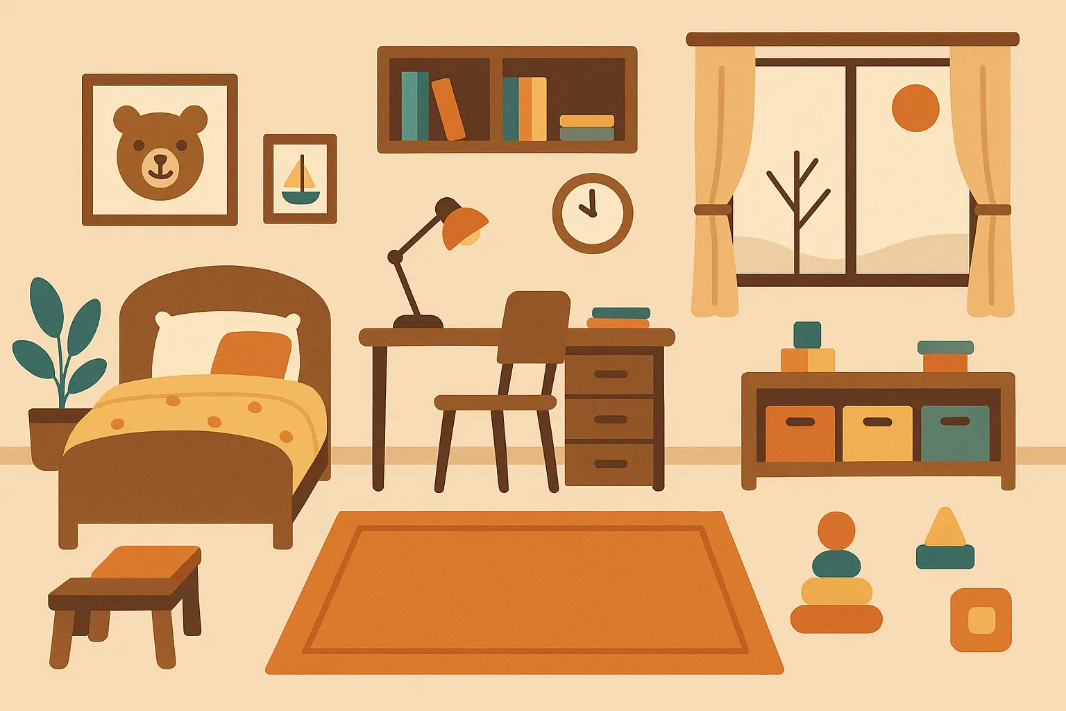Multi-zone flexible boy's bedroom with distinct areas