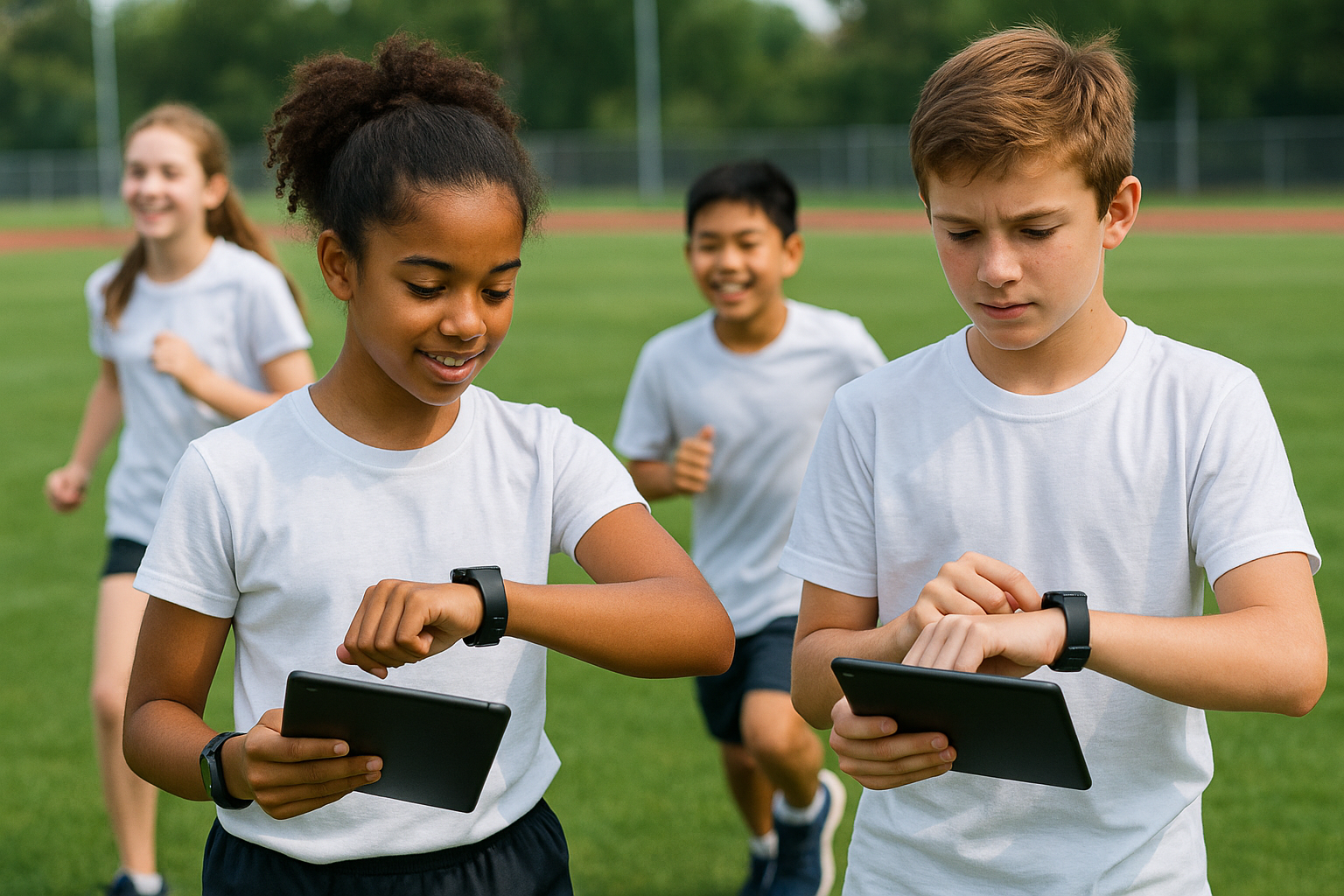 PE teacher using wearable technology with students