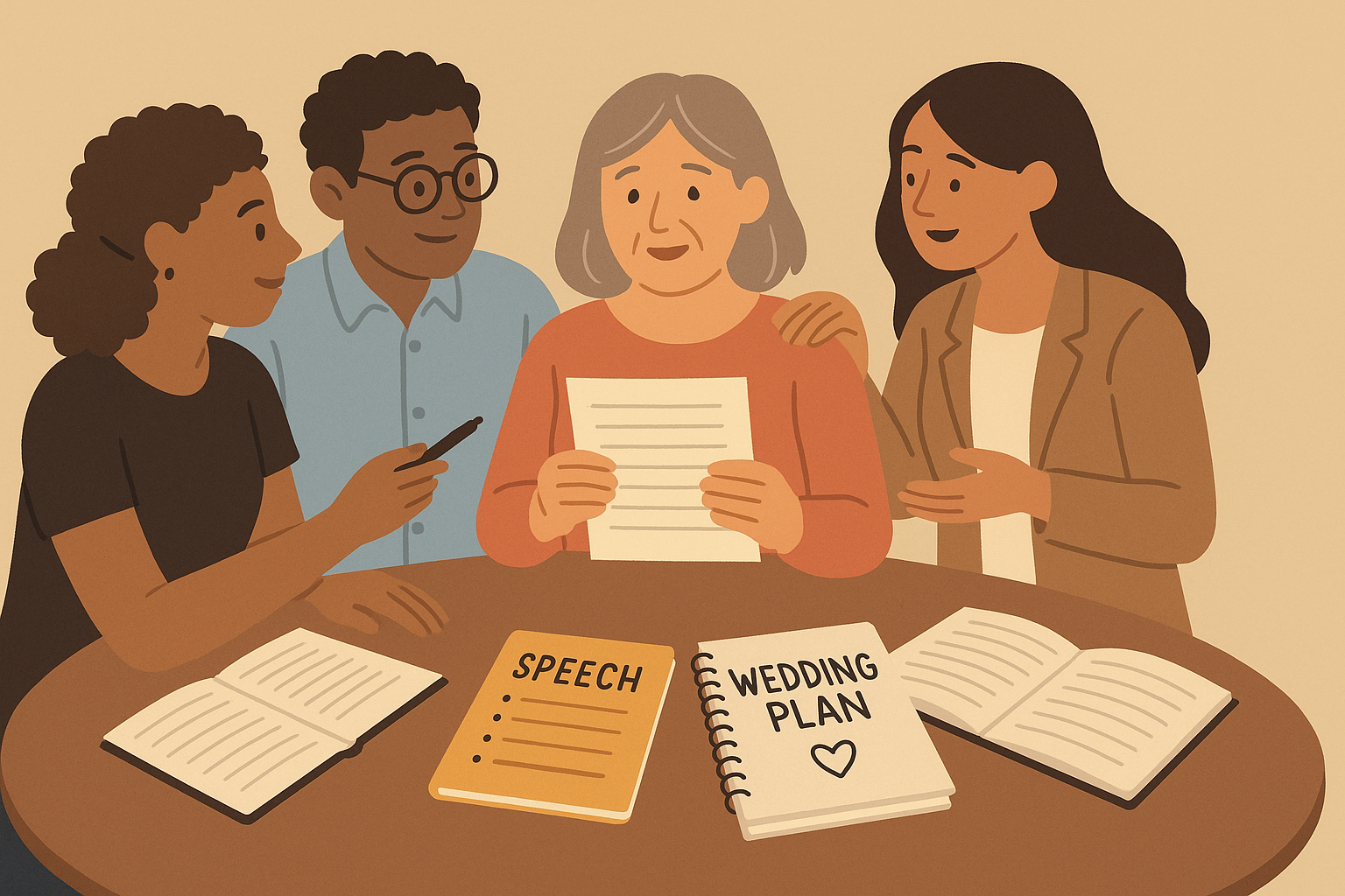 Professional wedding planner helping mother of the groom with speech preparation
