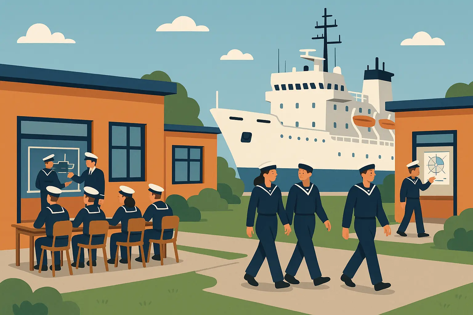 Maritime training academy with students learning navigation