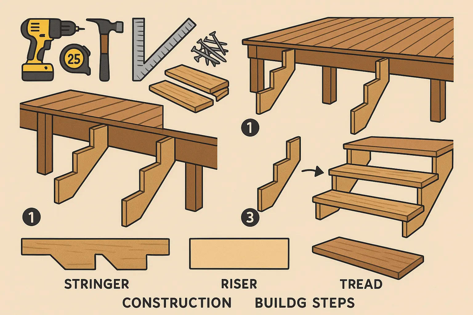 Detailed deck steps construction