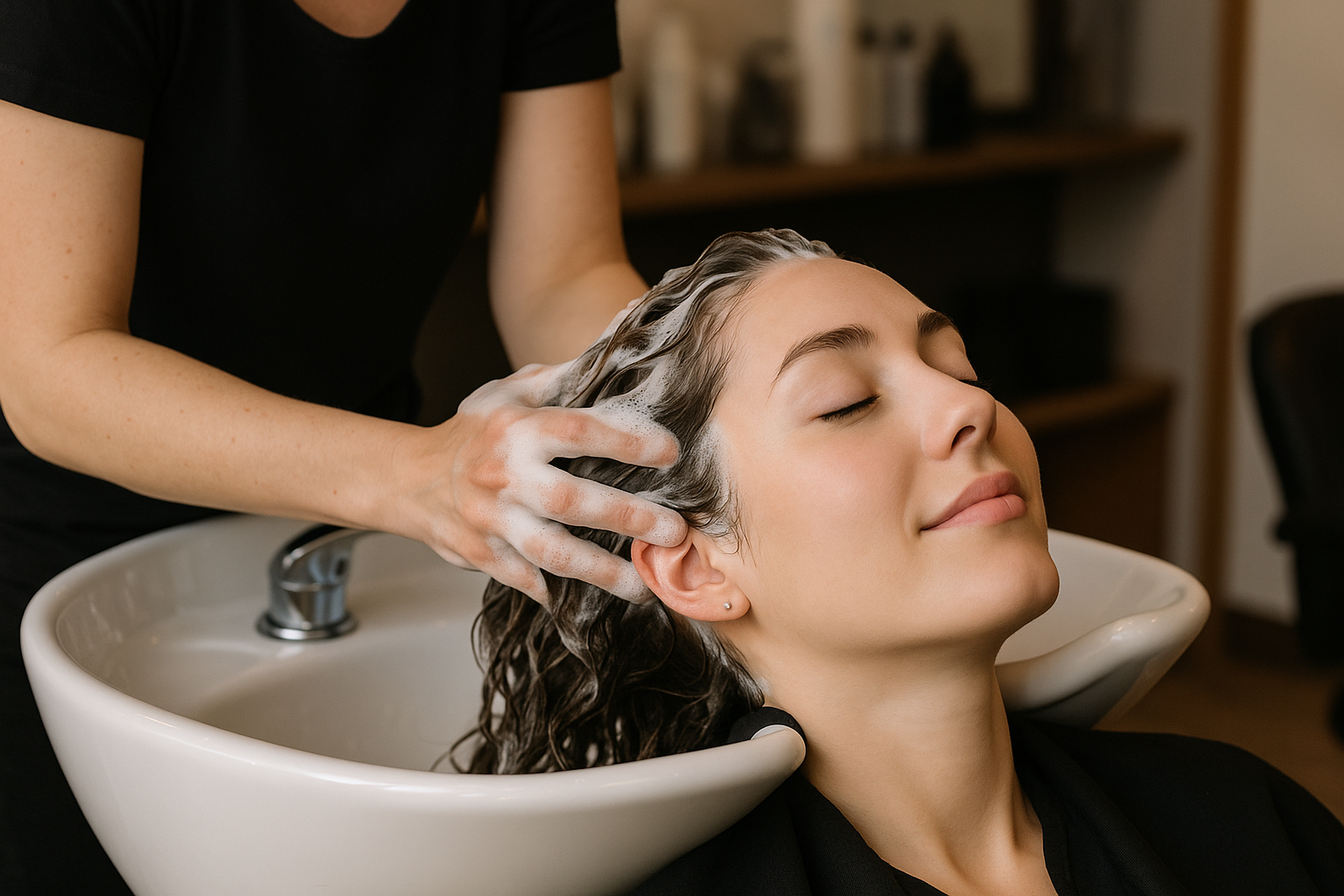 Hairstylist shampooing client's hair with gentle touch