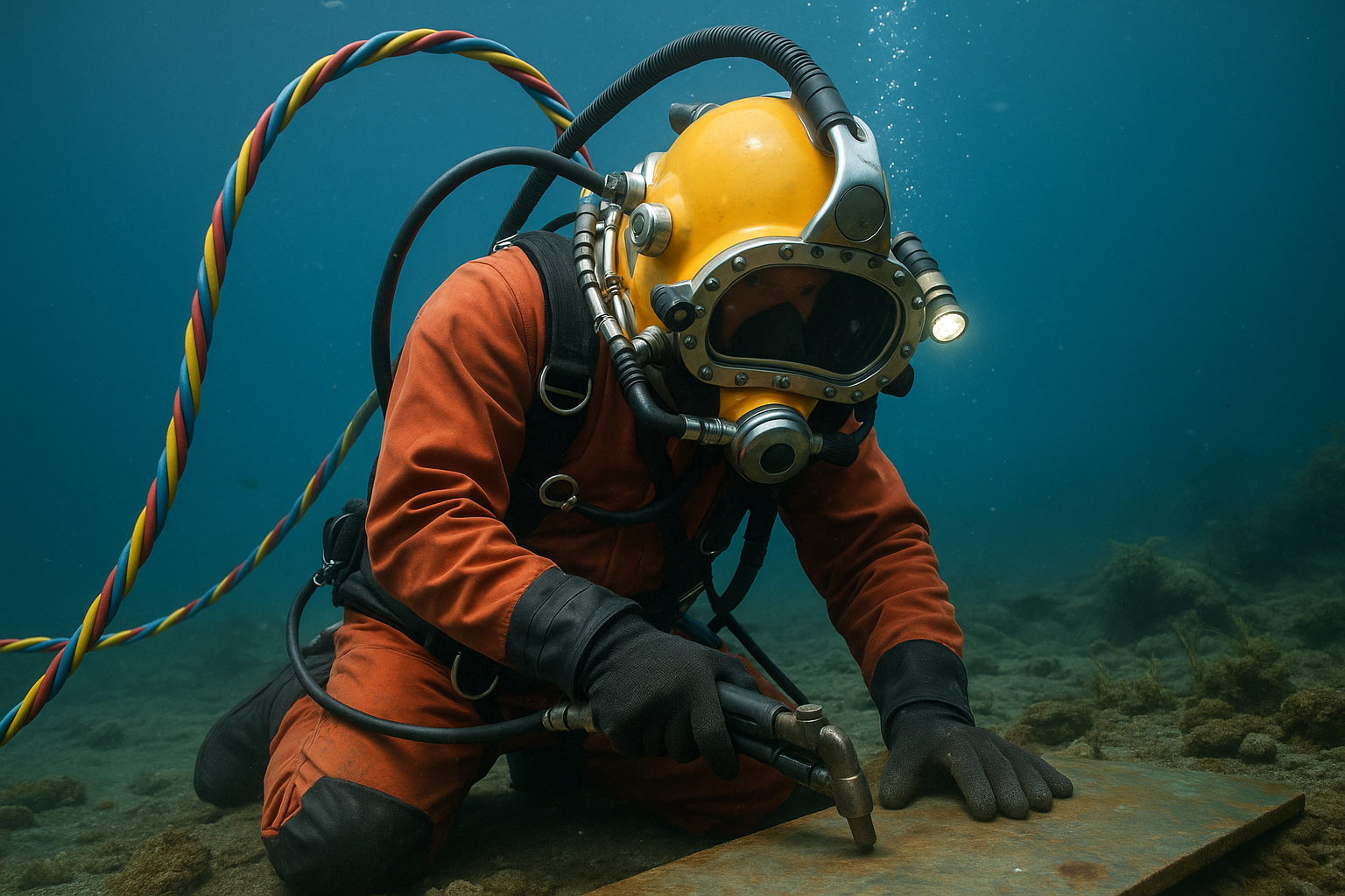 Commercial diver working underwater with equipment