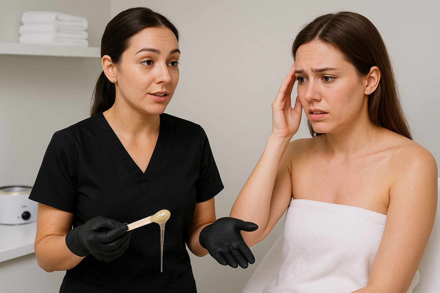 Professional waxer consulting with client