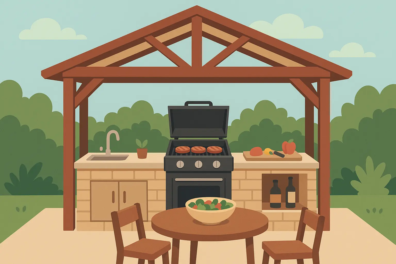 Outdoor kitchen gazebo with built-in appliances
