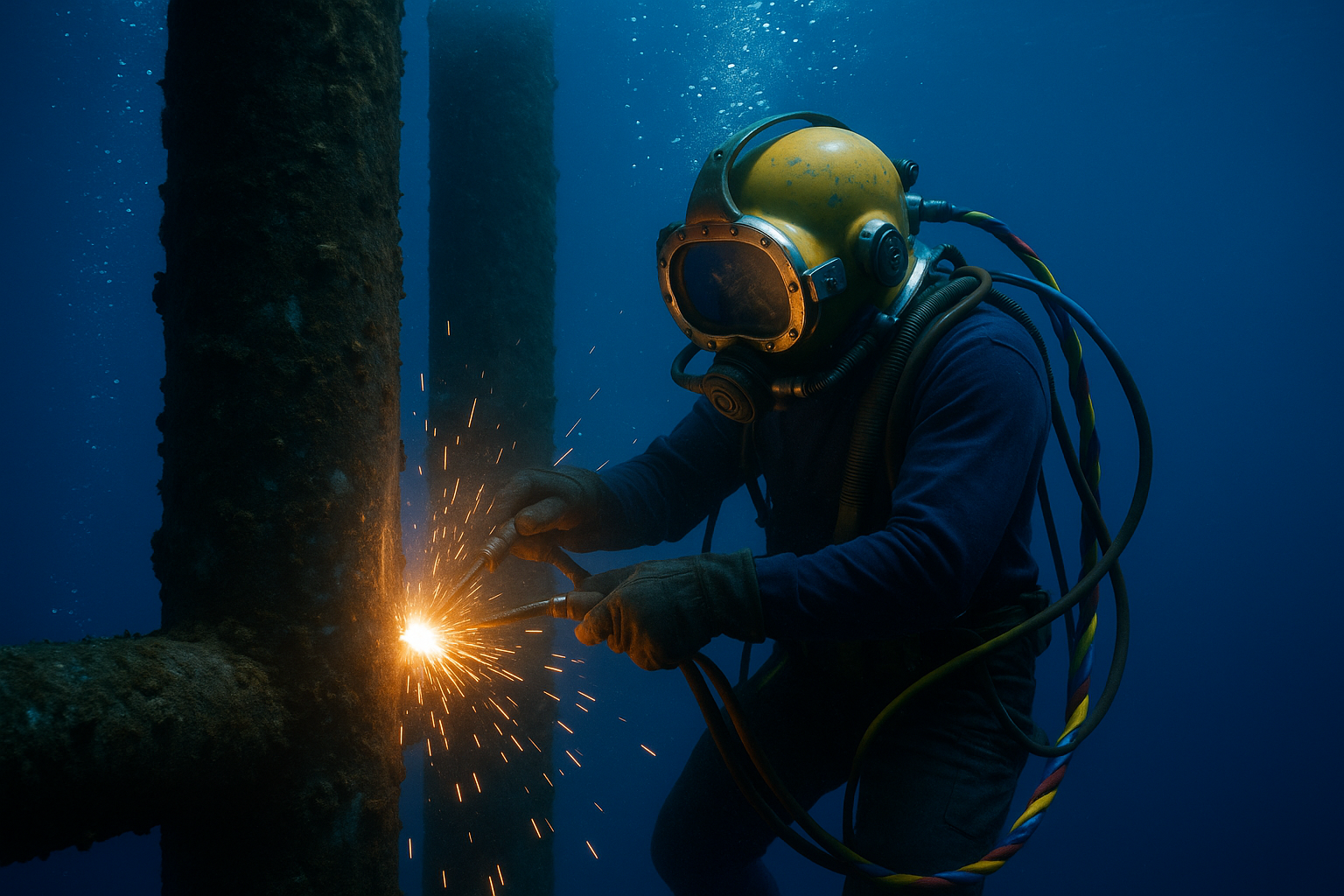 Oil rig welder working underwater