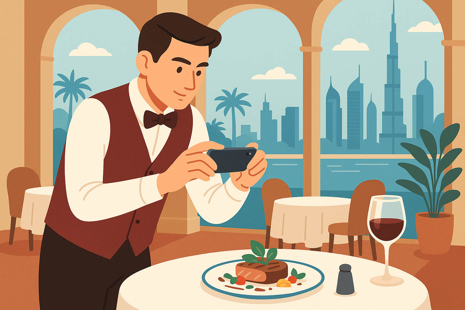Waiter using social media to document restaurant experience