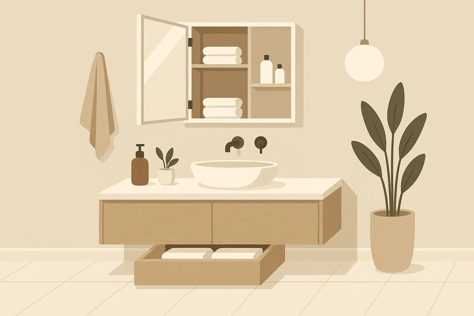 Hidden storage solutions maintaining clean spa bathroom lines