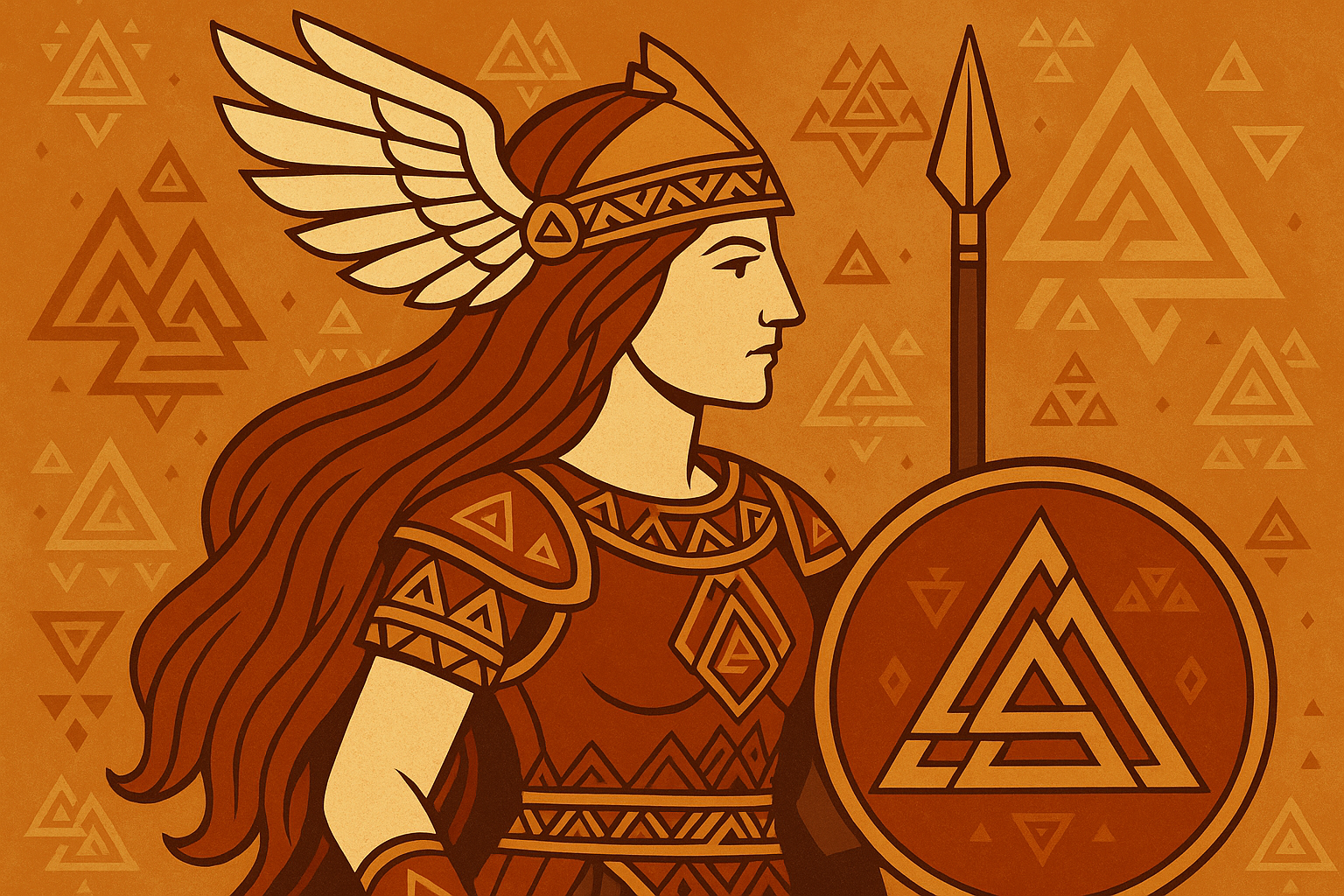 Symbolic valkyrie tattoo with Valknut and mythological elements