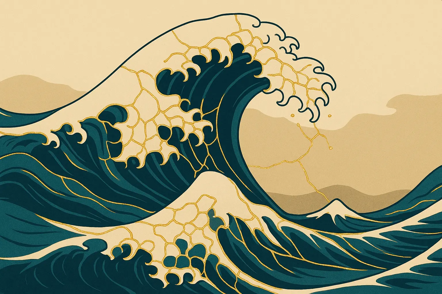 Ocean waves with golden kintsugi foam patterns