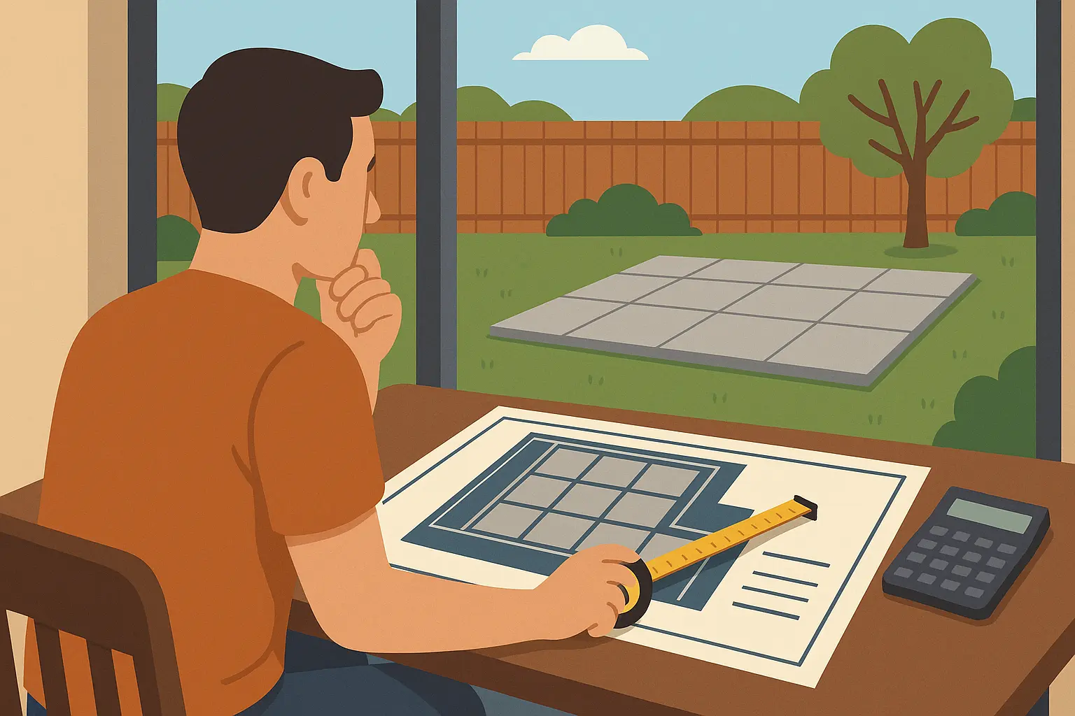 Planning concrete patio project with blueprints and materials