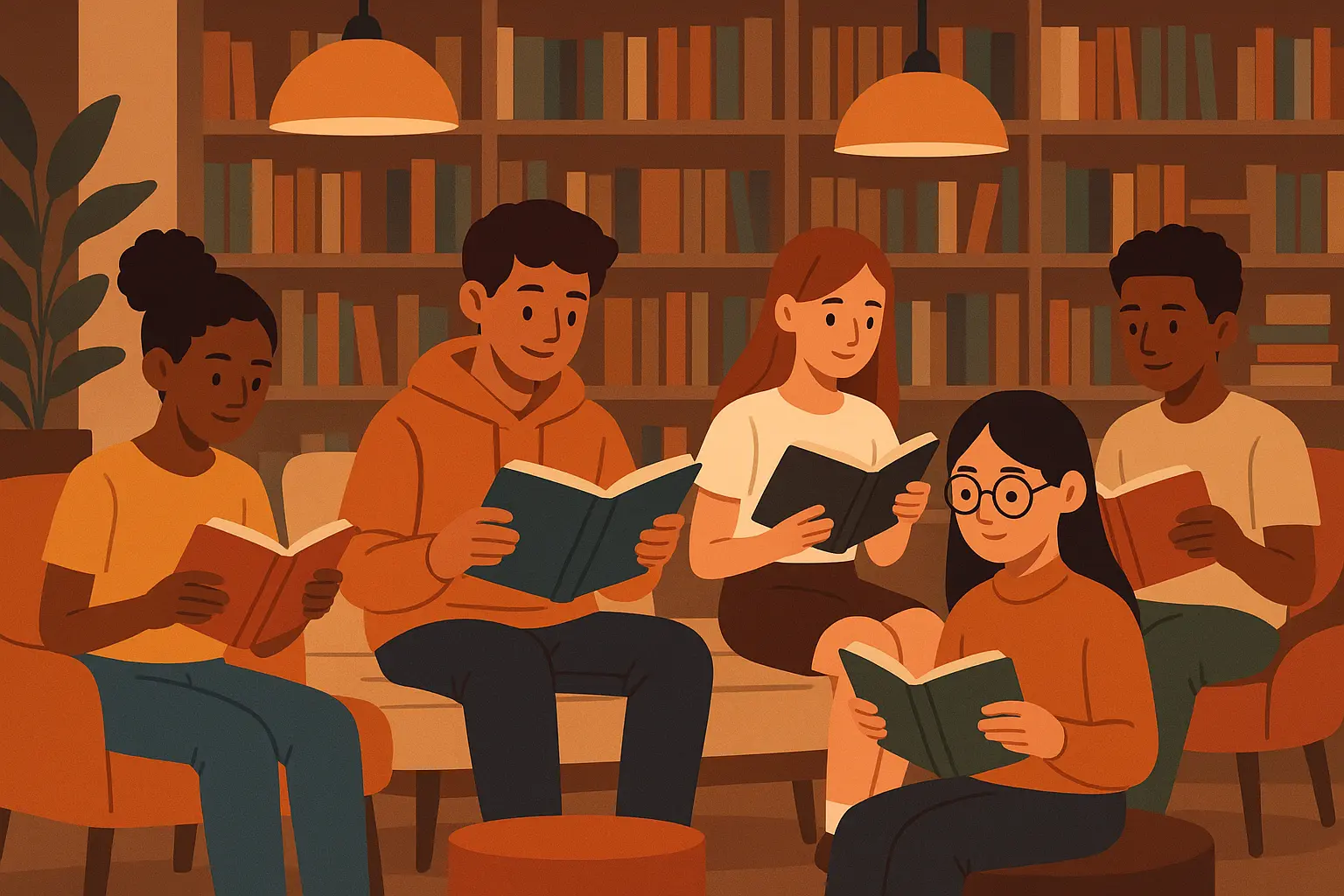 Teen reading diverse collection of books