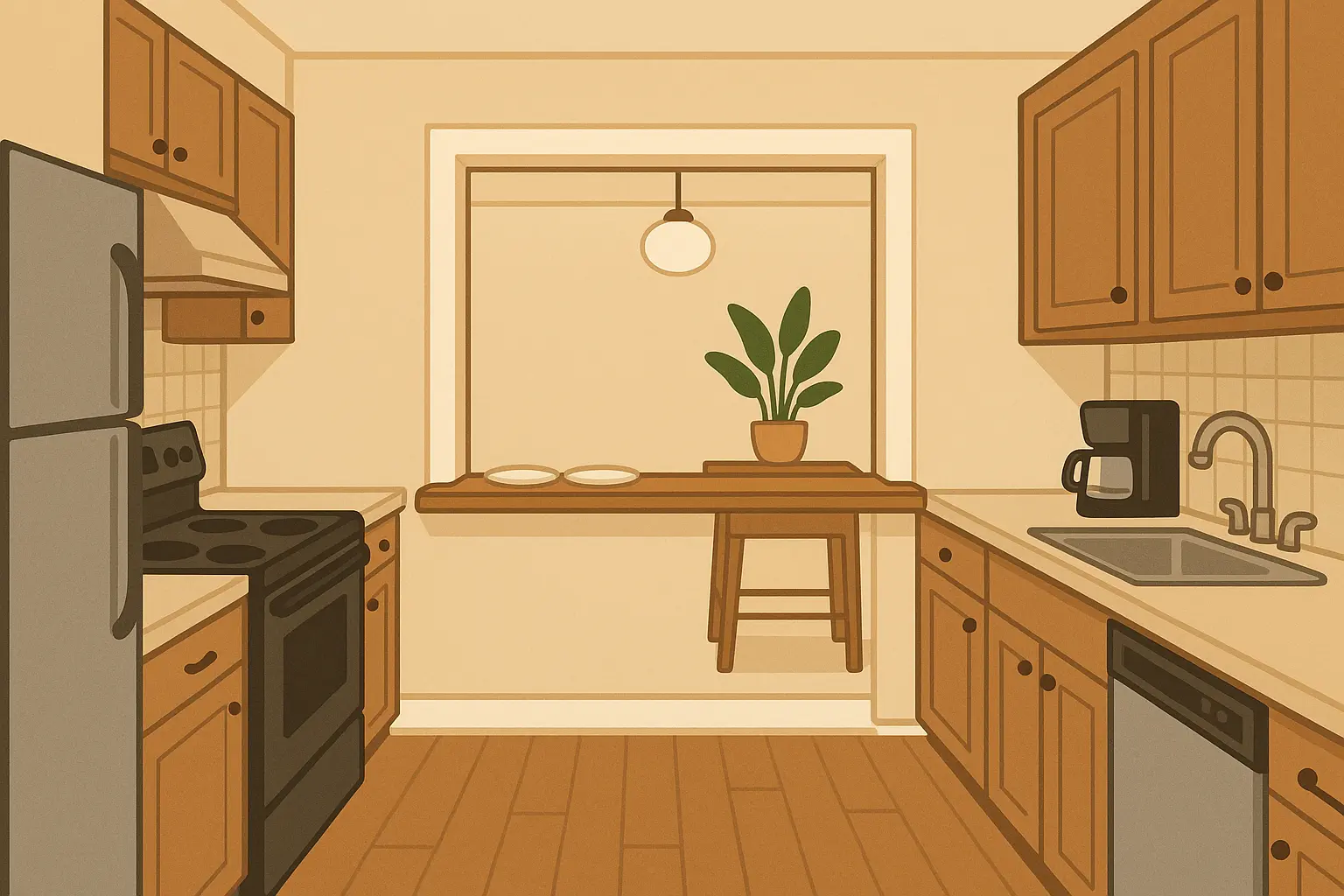 Galley kitchen with pass-through opening