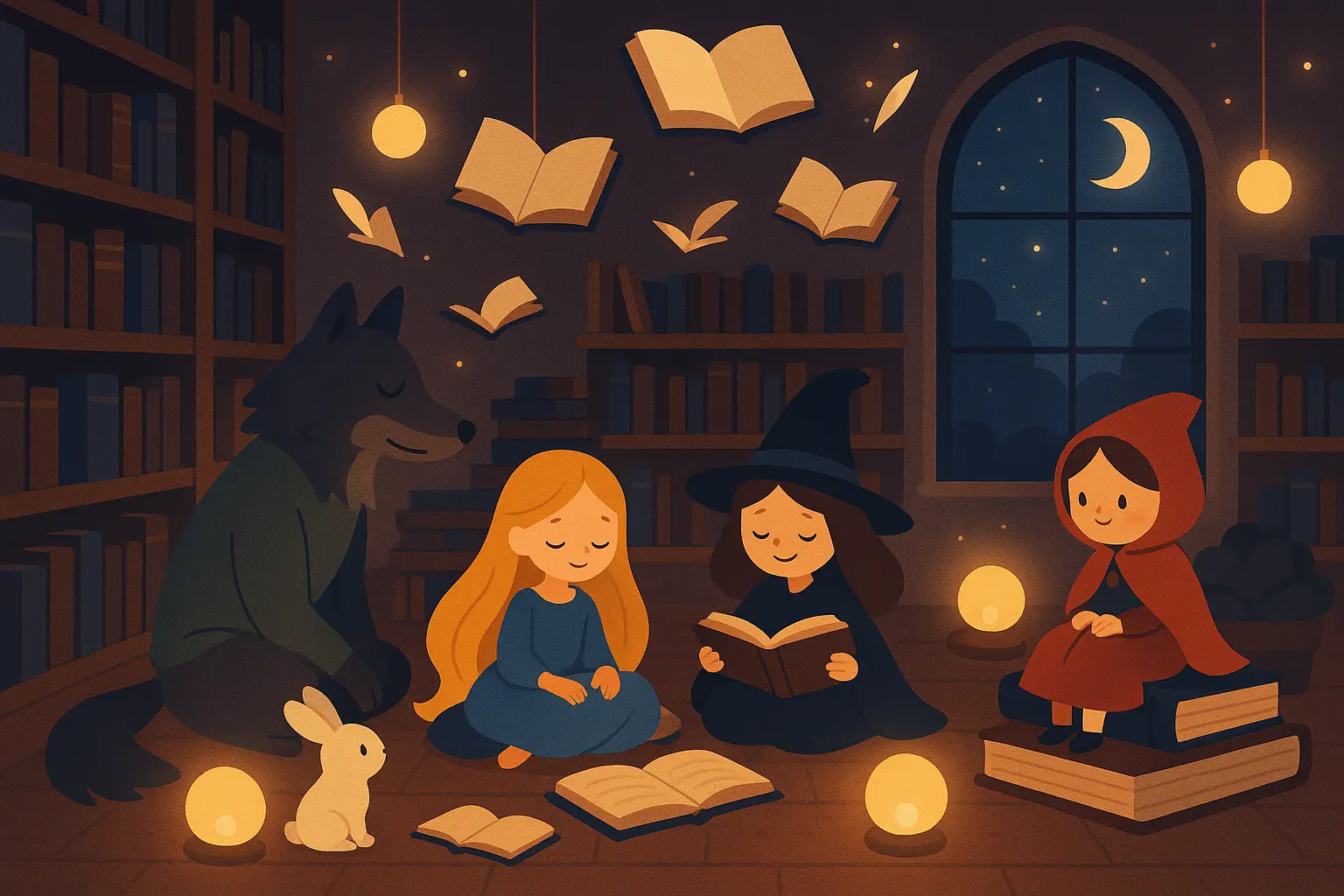 Gentle dragon having tea party with forest animals