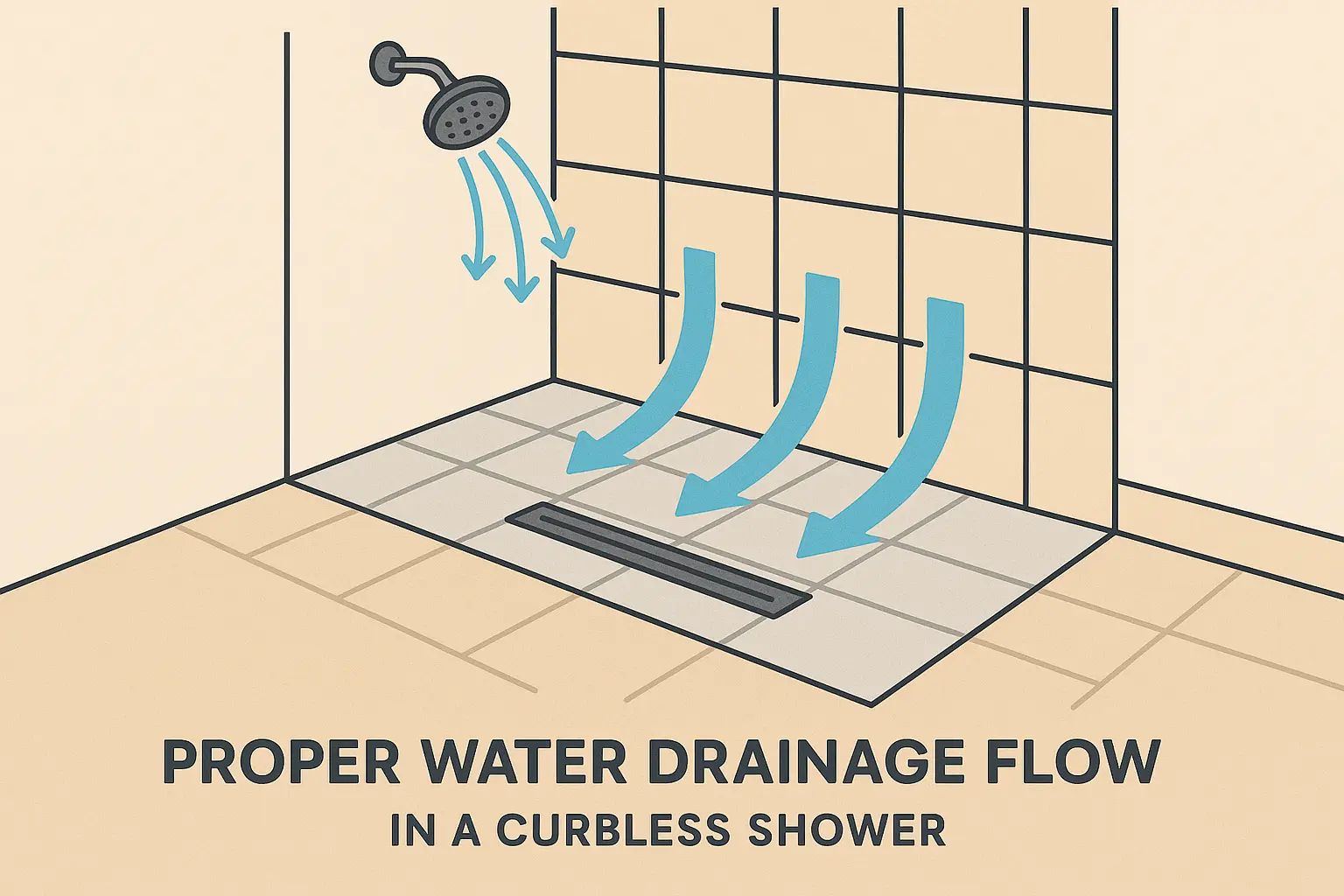 Curbless shower planning diagram showing drainage and slope requirements