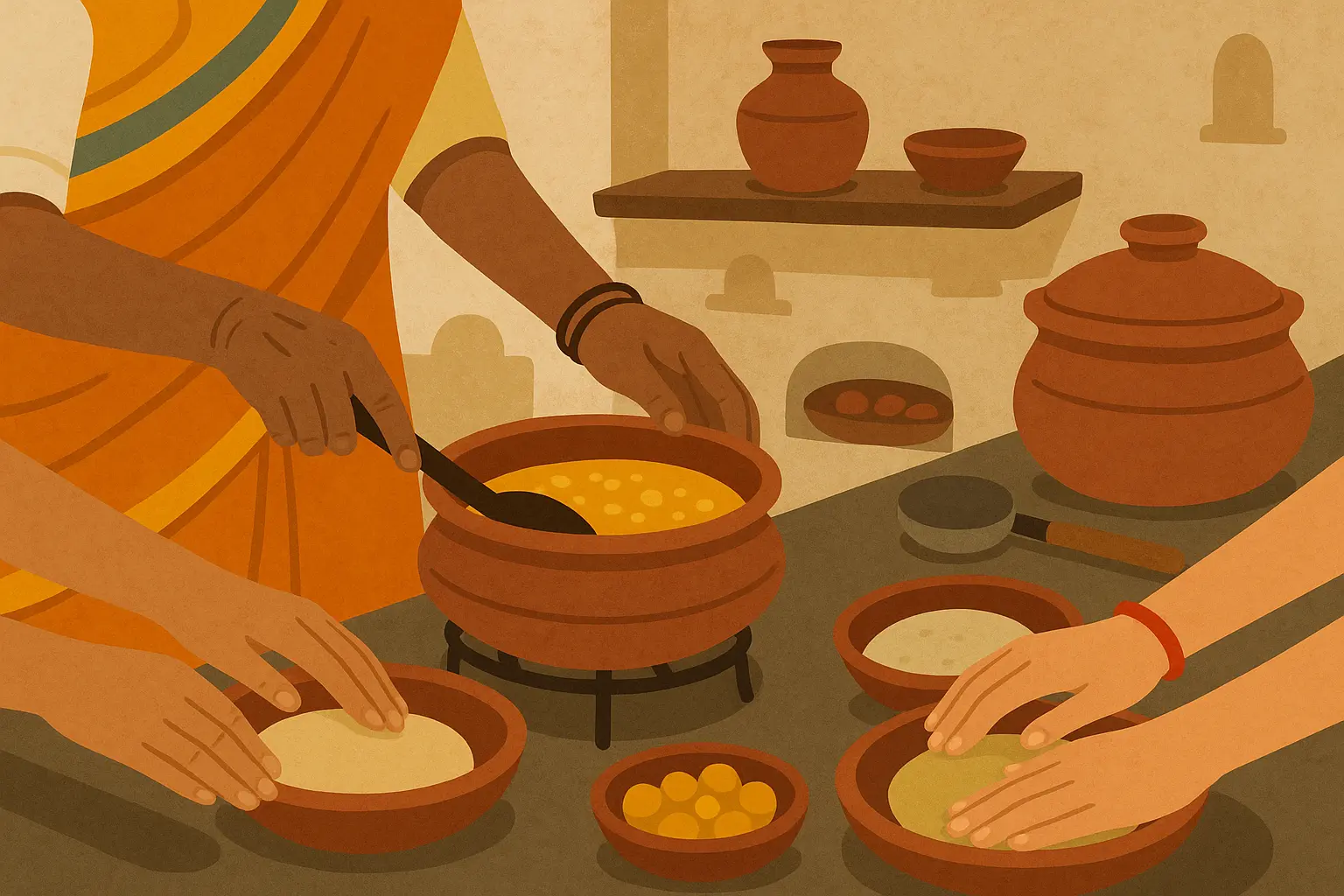 Elderly Indian chef teaching traditional cooking techniques to younger generation